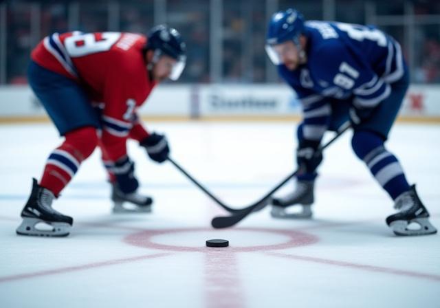Two hockey players at the faceoff circle ready for the puck drop.