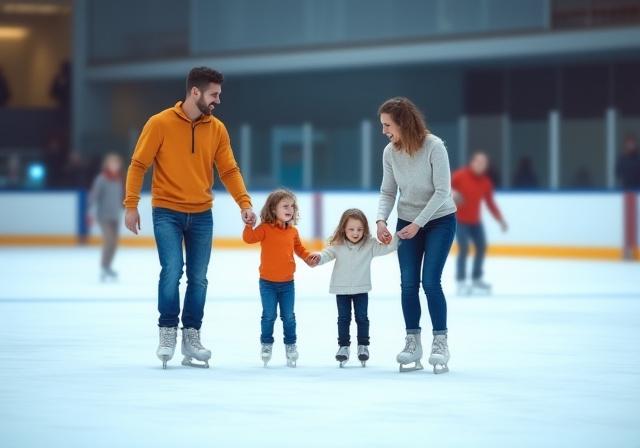 A family holding hands while ice skating during a public session.